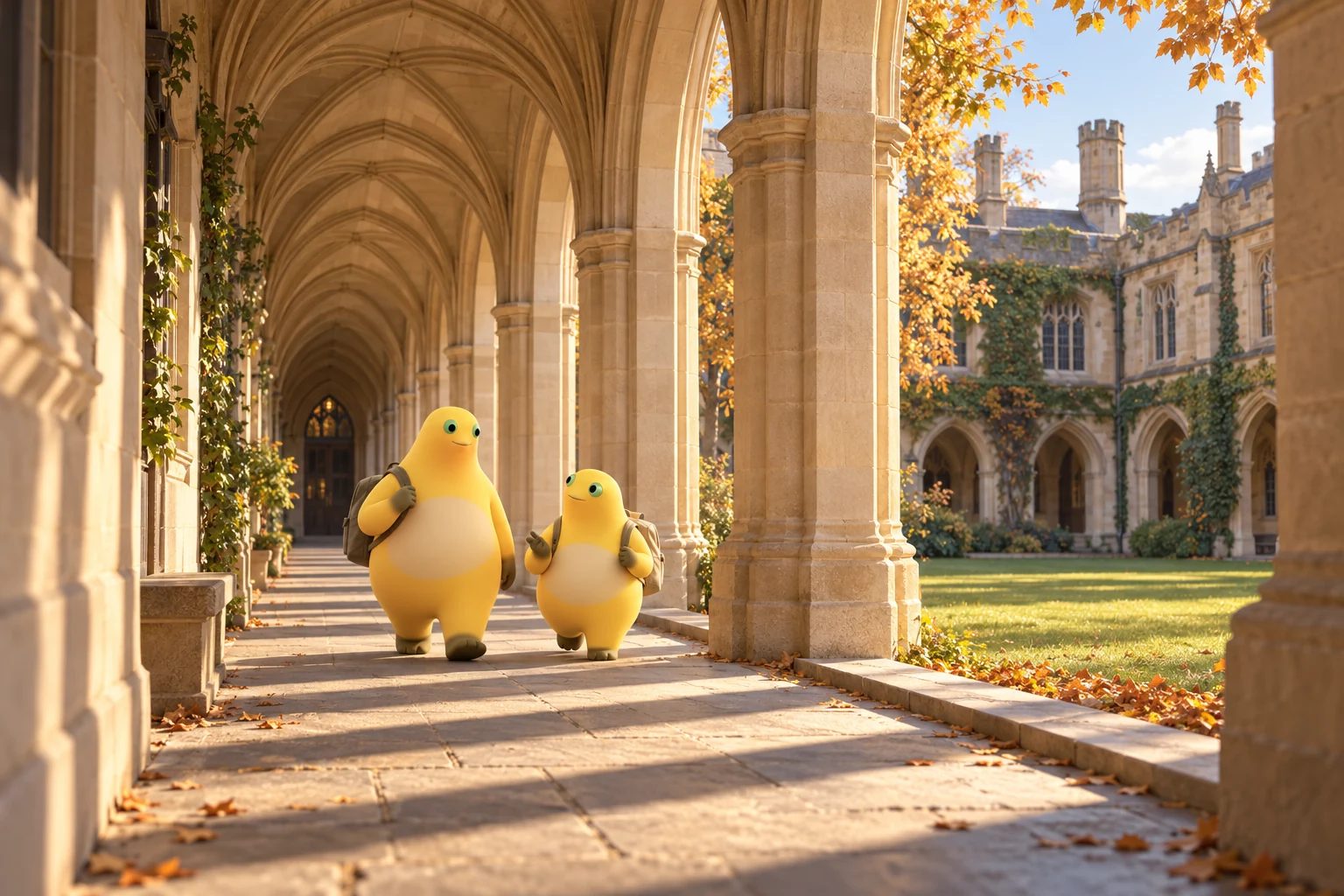 Two Milk Frog students walk through a quiet collegiate courtyard framed by stone arcades and autumn greenery.