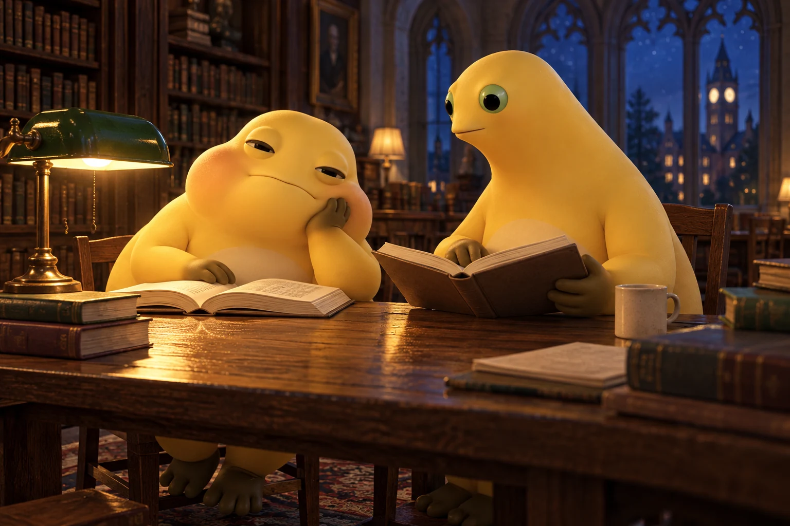 Milk Frog students read and reflect around a shared library table beneath warm lamps on a quiet evening.