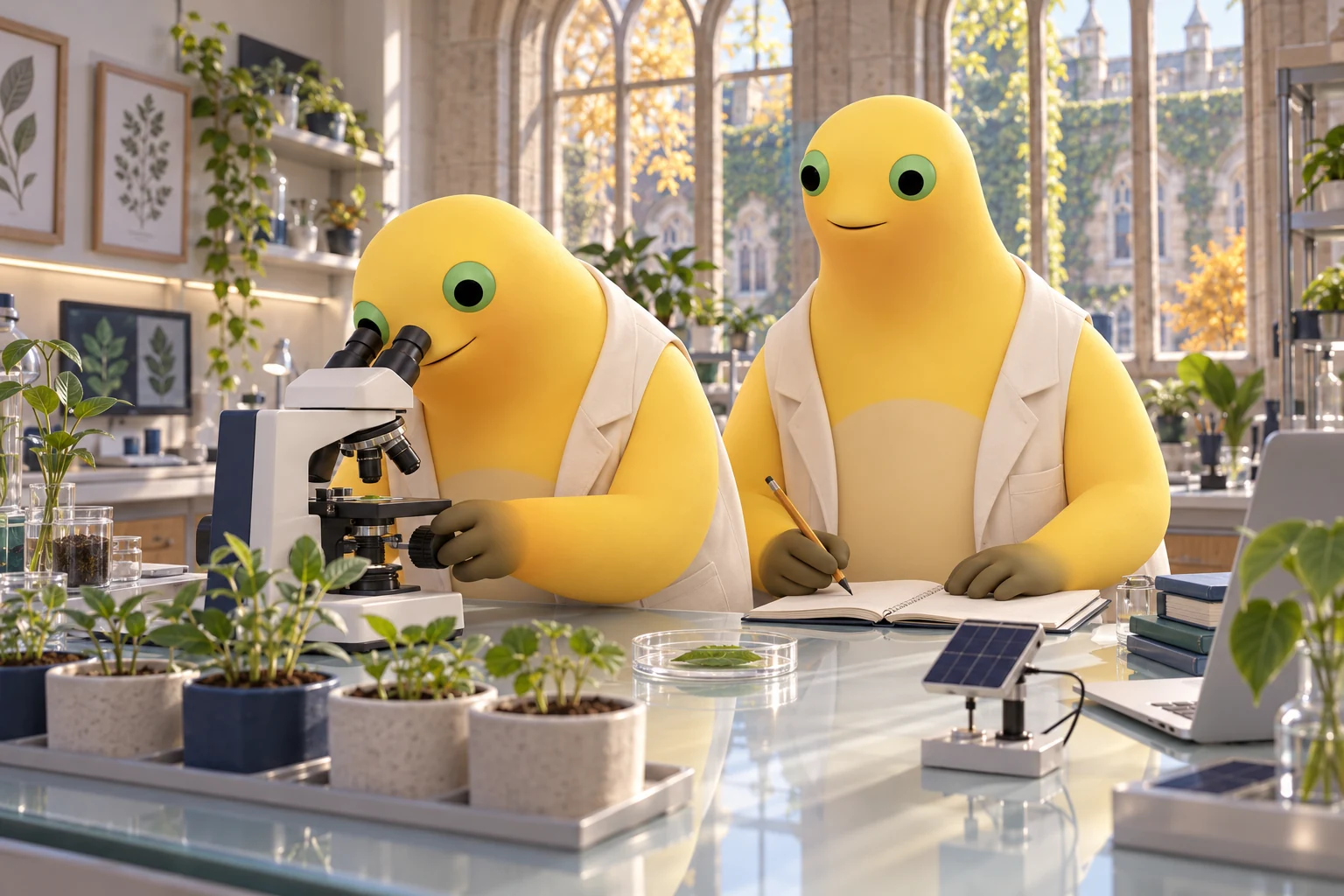 Milk Frog research partners use a microscope and record observations beside seedlings in an airy university laboratory.